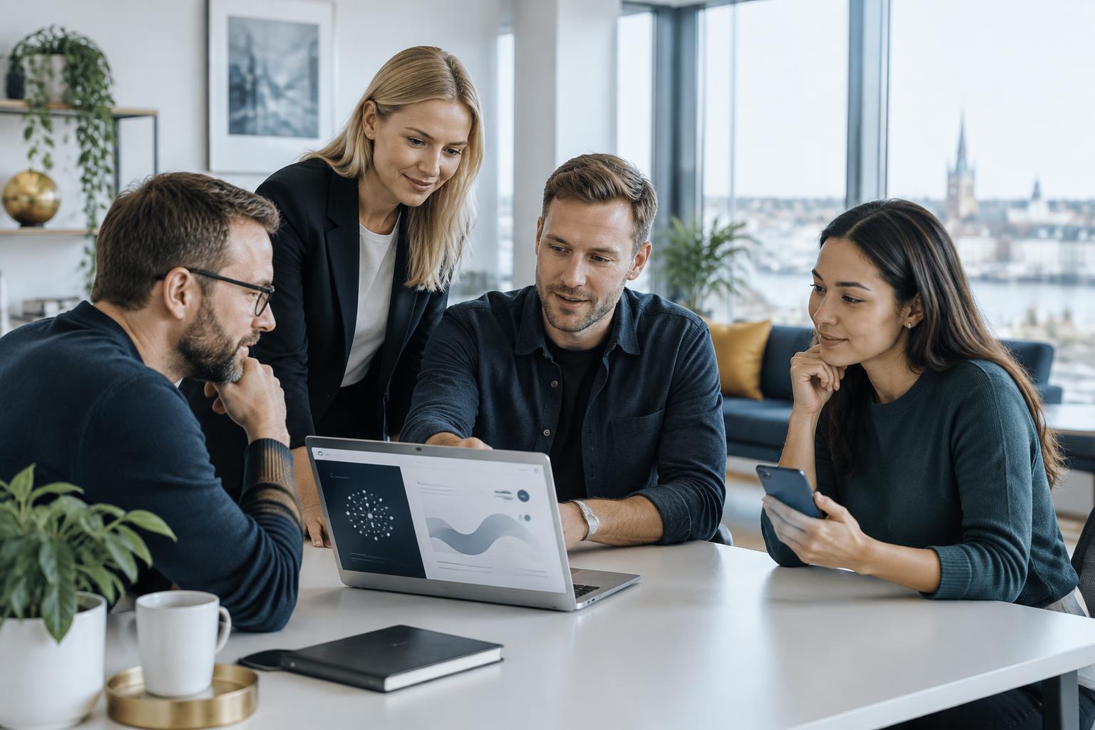 International technology team collaborating in a modern office
